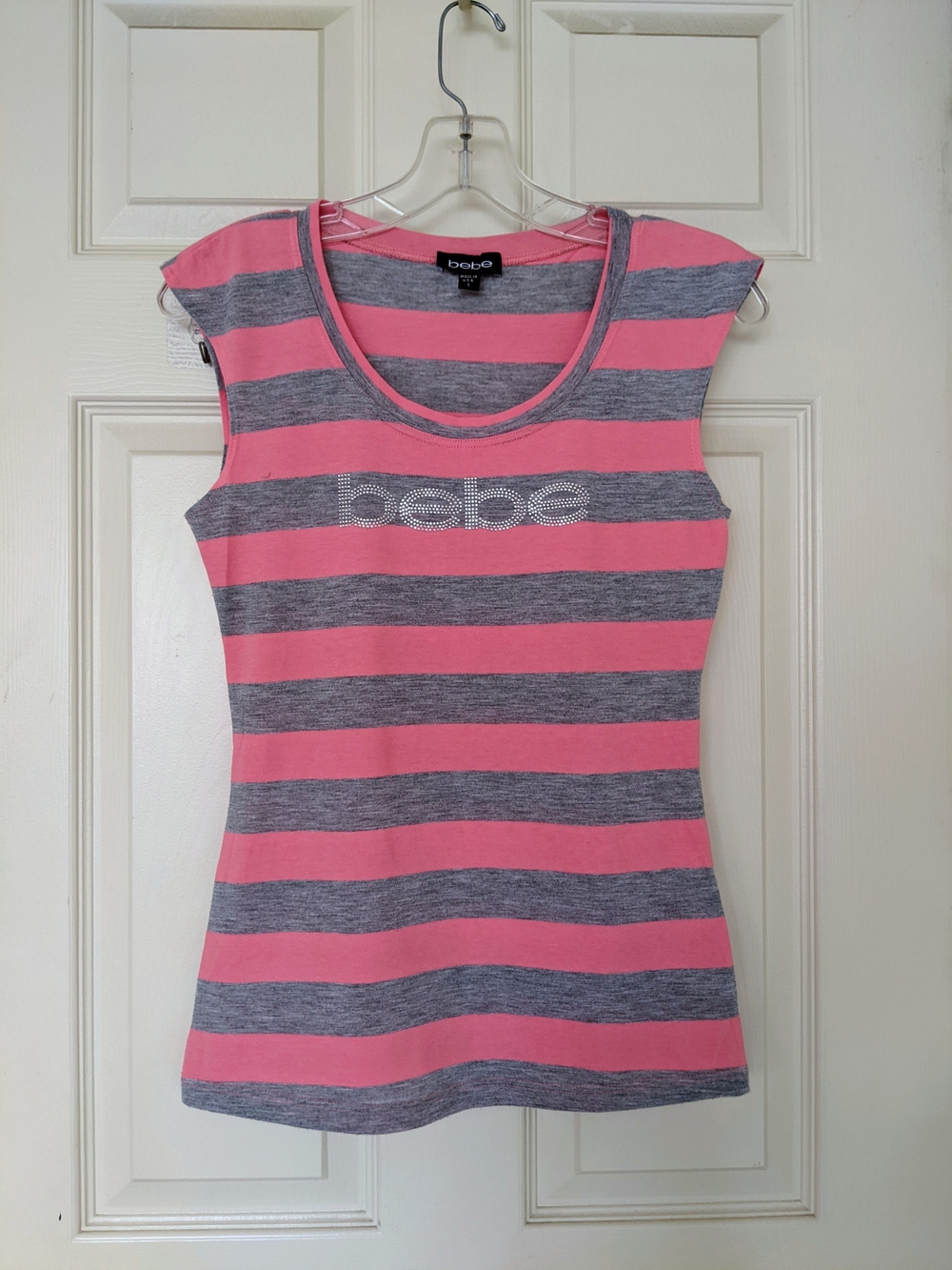 bebe Stretchable Pink and Gray Striped Cap-Sleeve With Rhinestone logo Top.